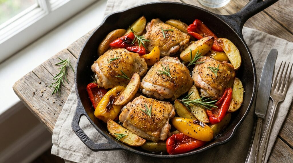 One-Pan Roast Chicken Thighs With Potatoes and Peppers